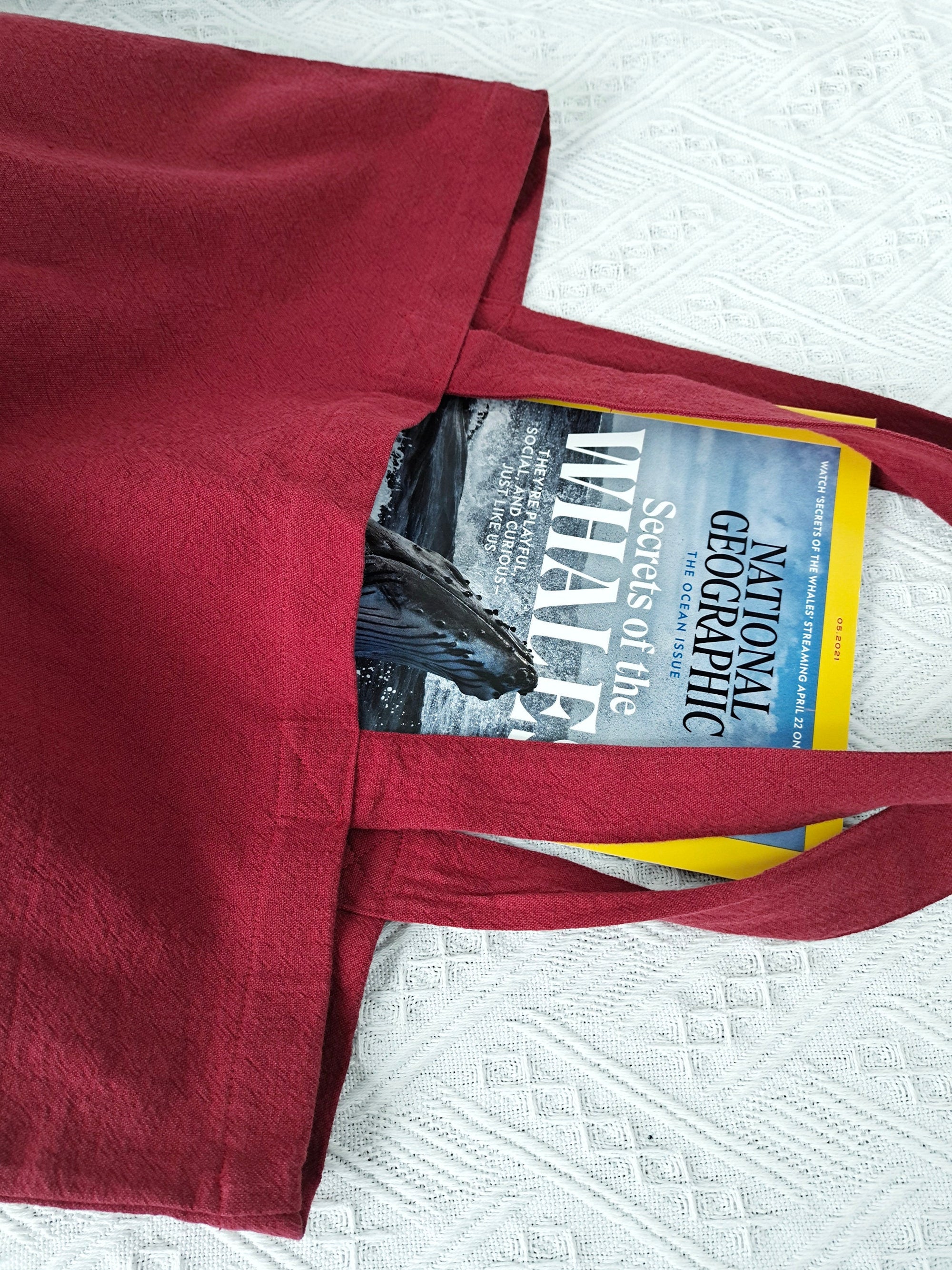 Red  tote bag, cotton linen tote bag, market bag, linen bag, shopping shoulder bag， travel bag，beach bag，Literary and elegant