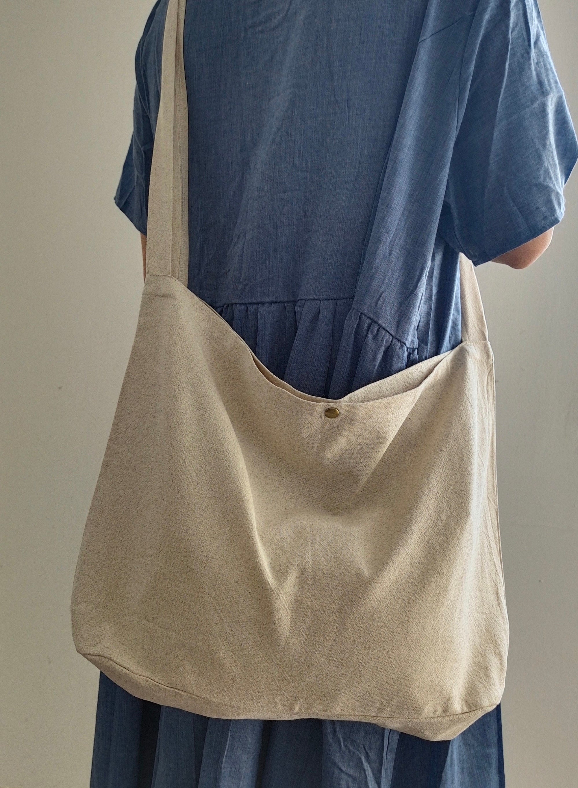 Crossbody bag, beige cotton linen school bag, market bag, tote bag,shopping bag ，travel bag，beach bag-Handmade, limited