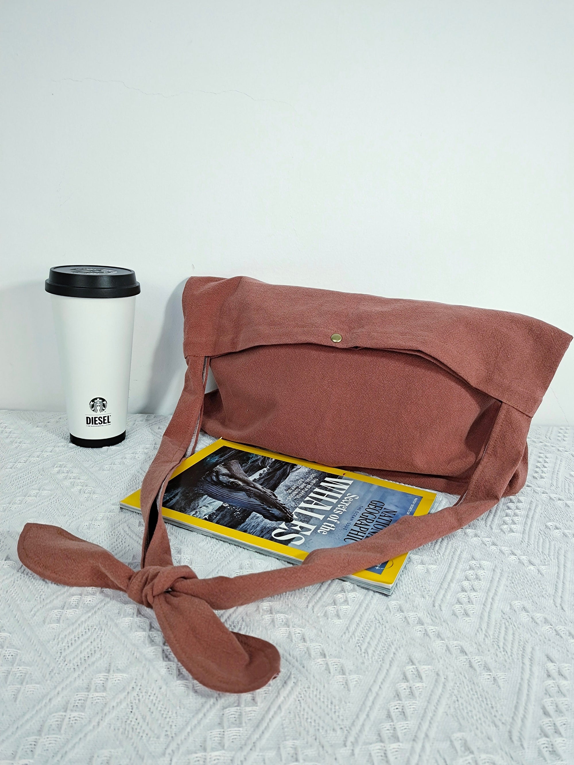 Brown red Crossbody bag, cotton linen school bag, market bag, tote bag,shopping bag ，travel bag，beach bag-Handmade, limited Christmas gift