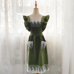 Green cotton apron Lace embroidery dress, apron for women,  one size apron, cooking apron, gardening apron, baking apron Christmas gift