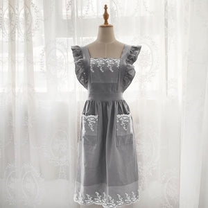 Green cotton apron Lace embroidery dress, apron for women,  one size apron, cooking apron, gardening apron, baking apron Christmas gift
