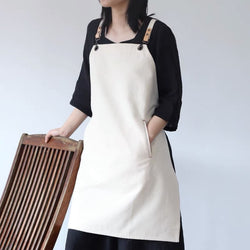 Off-white Removable Leather Neck Strap Cross Back Canvas and cotton Apron, Waterproof apron