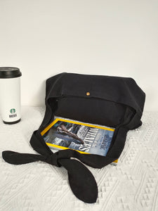 Crossbody bag, black cotton linen school bag, market bag, tote bag,shopping bag ，travel bag，beach bag-Handmade, limited Christmas gift