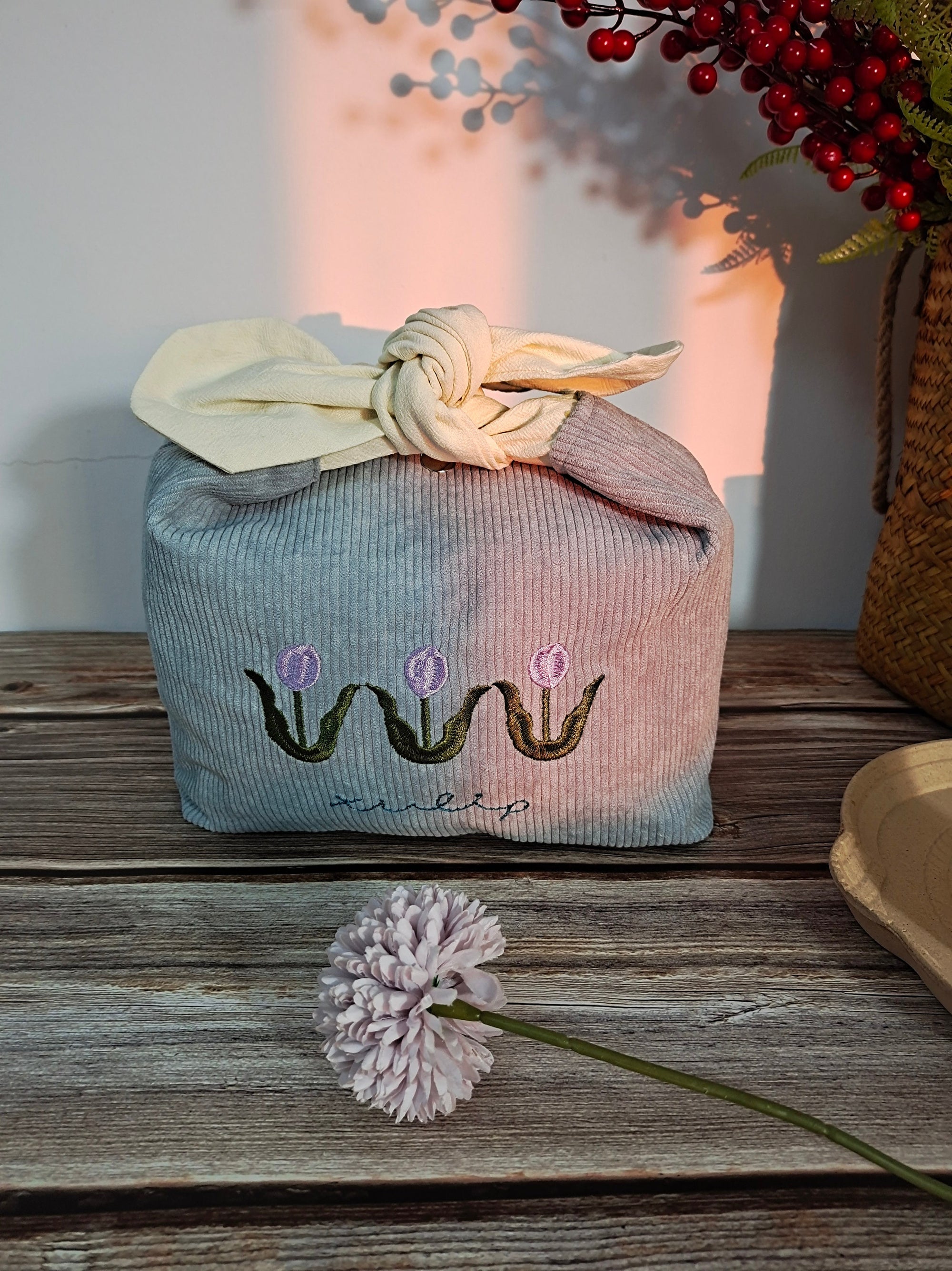 Embroidered tulip corduroy Yellow Reusable  lunch bag bento bag, zero waste , Eco Friendly  lunch box cloth School Gift for Kids women