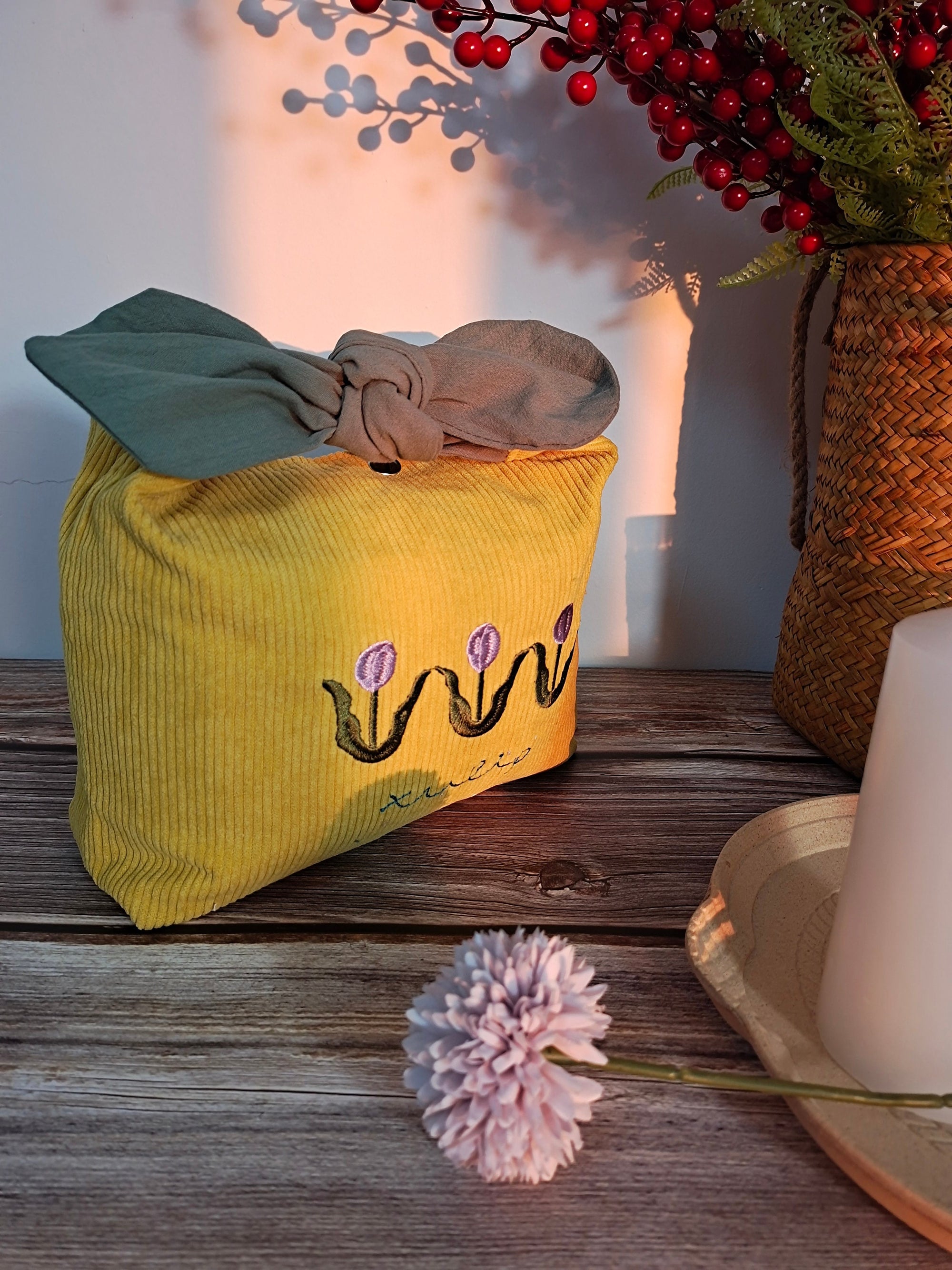Embroidered tulip corduroy Yellow Reusable  lunch bag bento bag, zero waste , Eco Friendly  lunch box cloth School Gift for Kids women